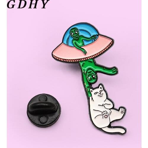 GDHY UFO Alien Cat Enamel Lapel Pins Aliens catching Cute Brooches Badges Fashion Pins Gifts for Friends Pins Wholesale