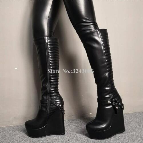 Black Leather Wedge Knee High Boots Woman New Buckle Chains Decor Platform Long Boots Fashion Ladies Large Size Knight Boots