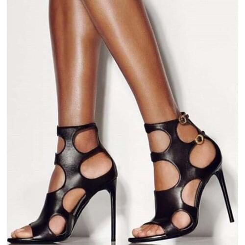 Black Solid Women Female Pumps Stilettos Buckle Strap Super High Thin Heel Large Size 33 35 Peep Toe Ladies Shoes Mature Novelty