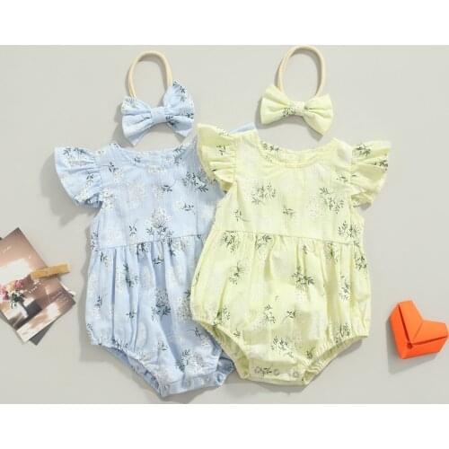 Baby Romper with Hairband, Kids Floral Print Round Neck Fly Sleeve Bodysuit+ Headband for Summer, Blue/Yellow, 0-24 Months