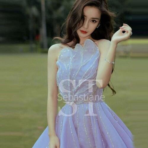 Elegant Lavander Prom Dresses Strapless Organza Floral Silver Beaded Evening Gowns Long Women Plus Size For Party