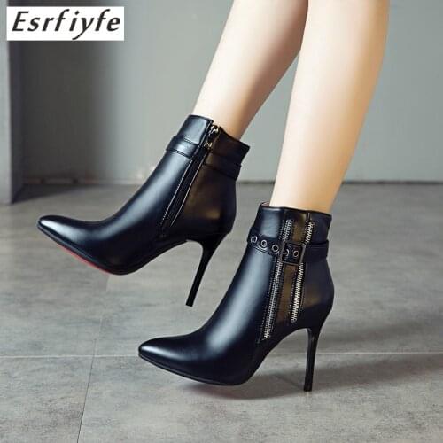 ESRFIFYE 2020 New Autumn Winter Stiletto Thin High Heels Pointed Toe Leather Zipper Style Sexy Ankle Womens Boots Bota Feminina