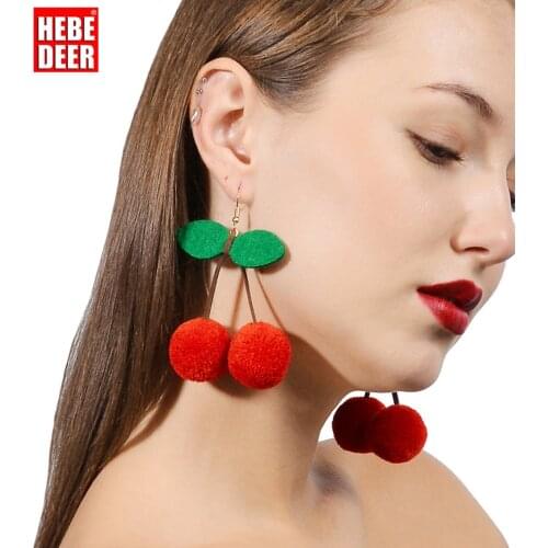 HebeDeer New Women Piercing Sweet Fashion Temperament Fruit Cherry Hairy Ball Pendant Earring Jewelry Accessories Arete