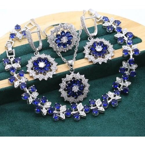 Exquisite Royal Blue Topaz 925 Sterling Silver Jewelry Set for Women Bracelet Earrings Necklace Ring Wedding Christmas Gift