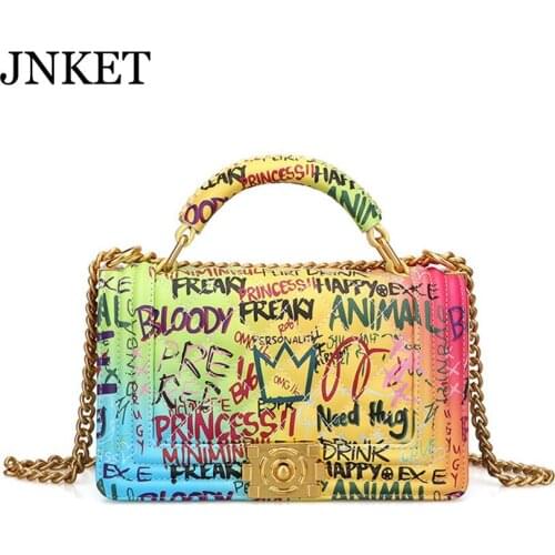JNKET New Womens Graffiti Handbag Chain Shoulder Bag Tote Bag Ladies Sling Bag Casual Crossbody Bags