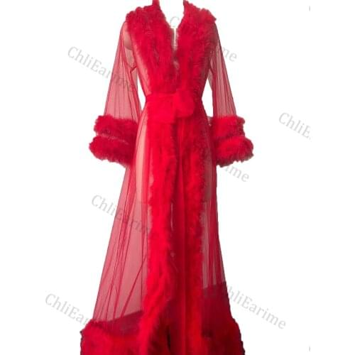 Red passion sexy ladies robe fur nightgown bathrobe pajamas bridal robe Marabu pajamas party gift bridesmaid dress