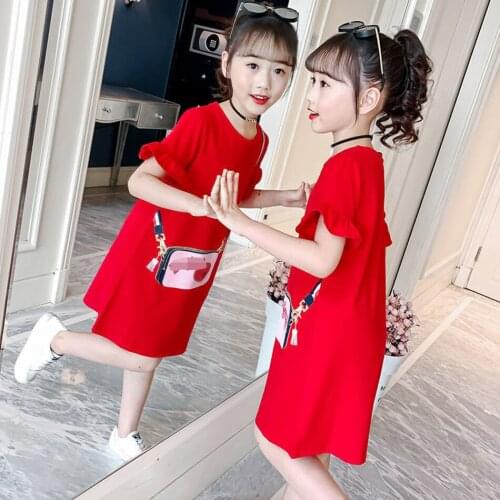 Summer Girls Casual Dresses Chest Bag Printing Round Neck Pleated Beach Dress for Children Girl Princess