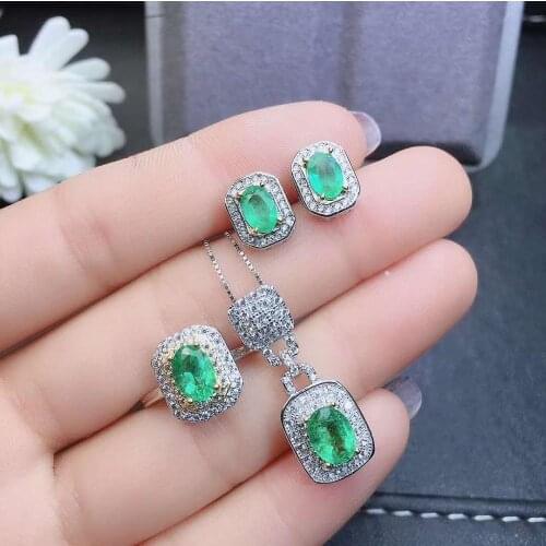 Real Natural Emerald jewelry set Natural Real Emerald 925 sterling silver 1pc pendant,1pc ring,2pcs Earring