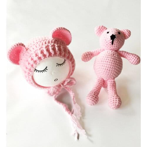 Newborn Baby Hats Photography Props Girls Boys Crochet Knit Costumes Caps With Ear Bear Toys Hats 2Pcs Cute Gifts For Baby