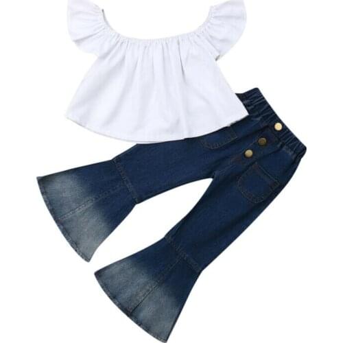 2-7Y 2019 Brand Fashion Baby Kids Girls Outfits Clothes Off Shoulder Crop Tops+Flare Jeans Pants Set Outwear Party Set For Girls