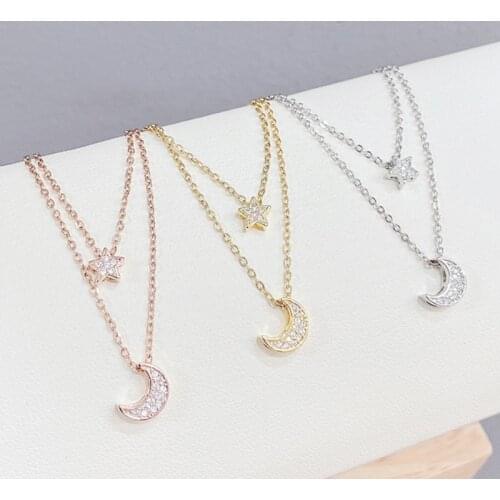 BOTU 2021 Trendy Star Moon Pendant Necklace Exquisite Pentagram Star Simple Designed Chain Anti-Allergy Jewelry for Women Gift