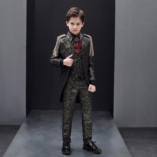 Flower girl boy dress five-piece suit handsome childrens suit small suit host costume model catwalk Childs clothes