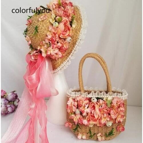 Romantic Sakura Deign Straw Handbag for Women Summer Beach Travel Totes Pink Handmade Flower Woven Bag with Ribbon Sun Hat 2021