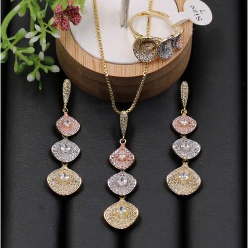 Lanyika Jewelry Set Luxury Water Drop Tessel Micro Plated Necklace with Earrings and Ring for Engagement Trendy Gift