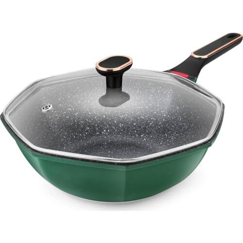 Schnesland 32CM Wok Pan with Glass Cover Non-stick Green Anise Pan Induction Woks with Feeling Warm Piece