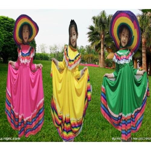 Traditional Folk Mexican Dress Girls Halloween Costume Kids Mexico Carnival Party Family Dance green yellow red Fancy Dresses