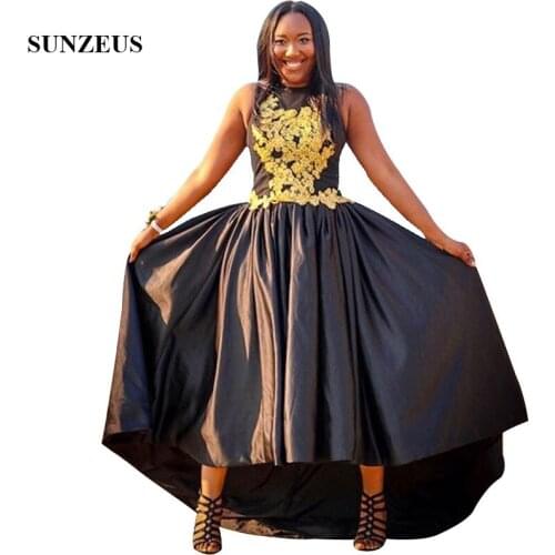 A-line Black Prom Dress With Gold Appliques African Girls Sleevesless Tea Length Party Gowns Robe Soiree