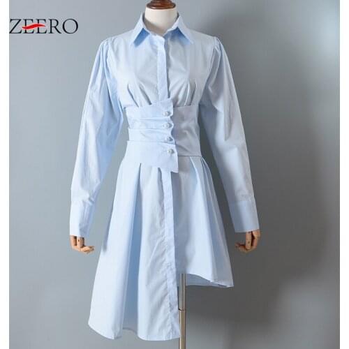 Korean Clothing Woman Lapel Long Lantern Sleeve Elasticity Belt Irregular Big Swing Casual Dresses Spring Shirt Dress for Women