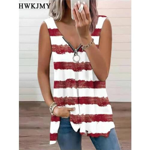 Womens Clothes Summer V-neck Sleeveless Tops Loose Zipper stripe Print T-shirt Vest Casual Plus Size Cotton Tank Top XS - 8XL