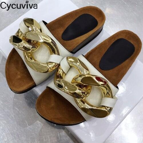 Metal Chain Leather Flat Slippers Women Open Toe Cozy Mules Summer Flat Sandals Brand Runway Shoes Woman Beach Slides 2021