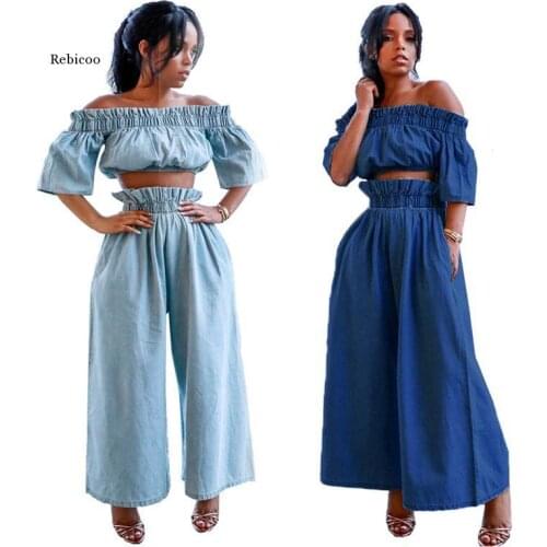 Women 2 Piece Set Denim Off-The-Shoulder Strap Short Sleeve Double Breasted Top Split Horn Jeans Vintage Lady Suit