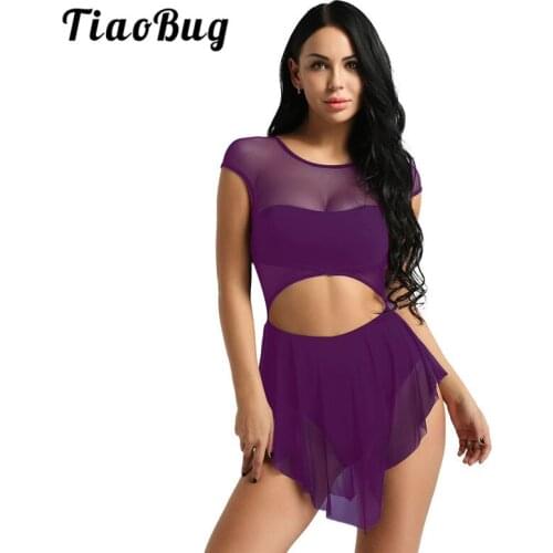 TiaoBug Women Sleeveless O Neck Mesh Cutout Asymmetrical Ballet Tutu Dress Adult Gymnastics Leotard Ballerina Bodysuit Dancewear
