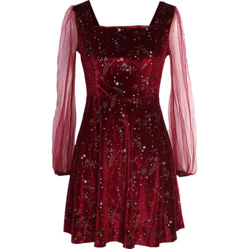 2021 New Christmas Dress Sheer Sleeve Shiny Stars Velvet Mini Dress Elegant ladies Dance Party Celebrity Dresses Red Green Black