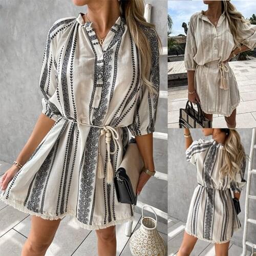 Womens Fashion Bohemian Dress Adults Stylish Printed Half Sleeve Button V-neck Striped Waist Lace-Up Wild Summer Mini Dress
