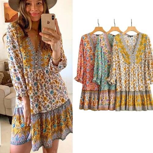 Women Bohemian Floral Print Cotton Ruffles Dress Za Fashion 2021 V Neck Vintage Mini Dress Long Sleeve Button Mujer Vestidos
