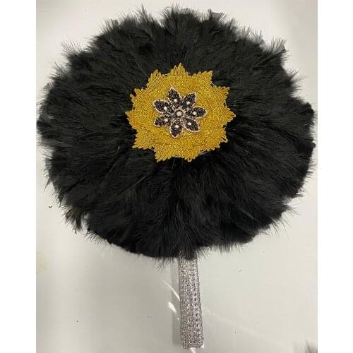 1Pc/bag African Turkey Feather Hand Fan Handmade Fans for Party&Wedding Decoration Hand Fan with Stones Double-sided Feather Fan