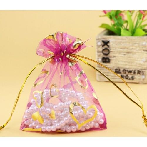 100pcs Wholesale Hot Pink Drawable Gold Heart Organza Bags 11x16cm Wedding Gift Bags Jewelry Pouches Candy Bags