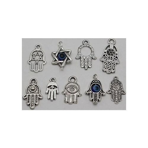 40 Assorted Tibet Silver Colour Kabbalah BLUE EYE Hamsa Hand "Star of David" Pendants