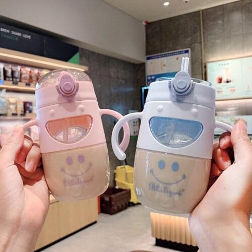 450ml Smiley Cartoon Portable Simple Drink Water Straw Bottle Cup Plastic for Baby Children Boy Girl Creative Gift Wholesale