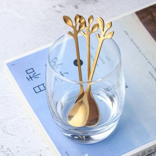 5 PCS Fashion creative golden stainless steel leaf mixed color coffee tea dessert cafe kitchen spoon