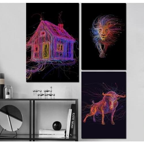 Abstract Colorful Wire House Lion Bull Wall Art Pop Art Posters and Prints Canvas Painting Wall Decorative Pictures Home Decor