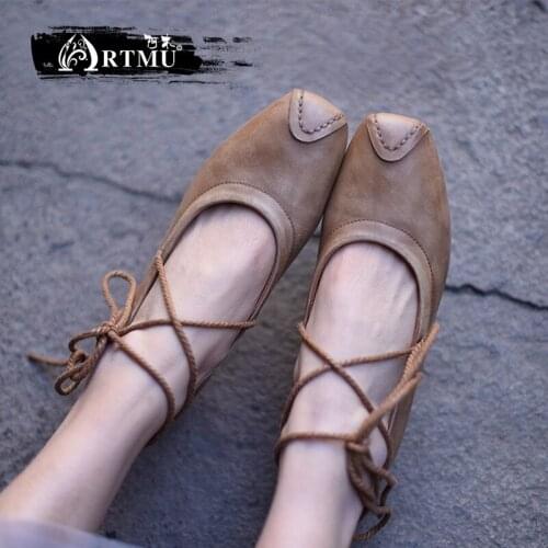 Artmu Original Retro Square Toe DIY Cross-tied Cowhide Shallow Mouth Women Shoes Comfortable Soft Soles Leather Handmade 9728-6