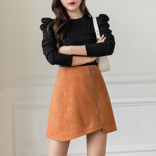 Irregular Suede Skirt Women Autumn Winter New High Waist Slim Skirt Women Zipper Black A-line Skirt Women