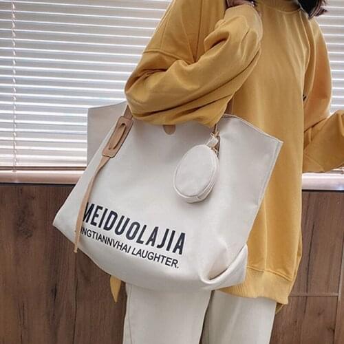 Letter Print Large Capacity Tote Bag Women Magnetic Button Portable Canvas Bag WomenS Solid Korean Style Shoulder Bags Woman
