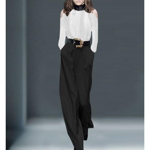 Pantsuit Oversize Flounce Tight Waist Lace-Up Sash Wide Leg Pants V-Neck Ruched White Tops Blouse Plus Size Womens Sets c108