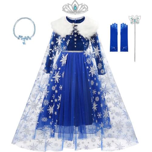Disney Frozen Elsa Winter Dress For Girls Snow Queen Princess Costumes With Faux Collar Tulle Cloak Dark Blue Pearl Velvet Gowns