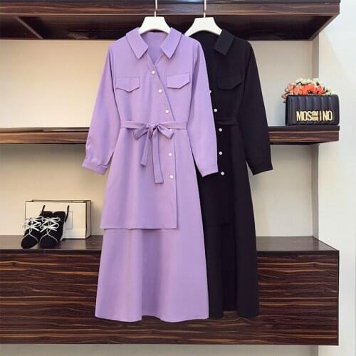 EHQAXIN 2021 Summer Autumn Womens Dresses Fashion Large Size Buttoned Shirt Lace-Up Mid-Length Long Sleeve Ruffle Dress L-4XL