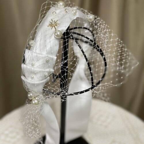 Fairy Solid Red Satin Mesh Pearl Headband Vintage Hair Ornament Bridal Wedding Hair Accessories