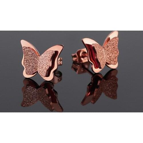 2019 New Butterfly Earring Rose Gold Color Stainless Steel Stud Earrings for Women Girl Frosted Butterfly Wedding Korean Jewelry