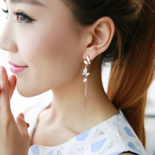 Korean Temperament Sweet Butterfly Earrings Rhinestone Long Tassel Earrings Ear Cuff Without Pierced Ear Clips On Earrings