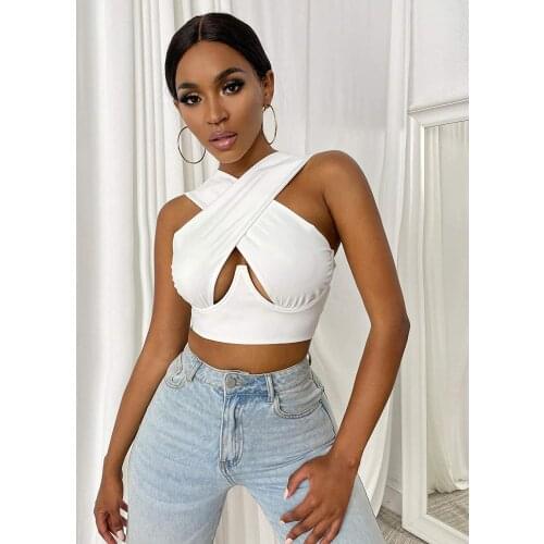 Summer Womens Criss Cross Tank Tops Sexy Sleeveless Solid Color Cutout Front Crop Tops T-Shirts