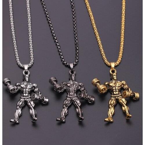 Muscular man lifting dumbbell shape pendant necklace sporty style chain neckalces for men accessories