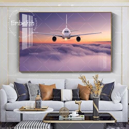 Sunset Airplane Jetliner Flying Above Dramatic Clouds Landscape Wall Pictures For Living Room Home Decor Canvas Painting Posters