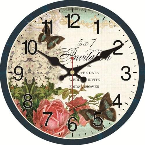 WONZOM Flowers Pattern Wooden Cardboard Wall Clock, Butterfly European Retro Clock for Chic Home Office Cafe Decor