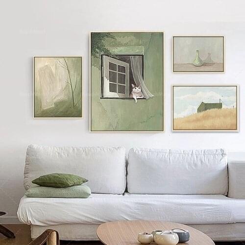 Sage Green Gallery Wall Set de 4 tirages, Sage Green decoration idea, gift for cat lovers, retro gallery wall landscape painting