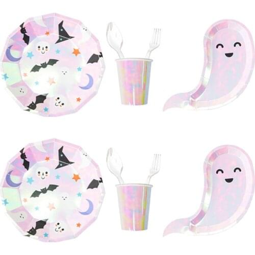Halloween Ghost Shape Disposable Tableware Paper Plate Cup Halloween Happy Birthday Party Decoration For Kids Fw46